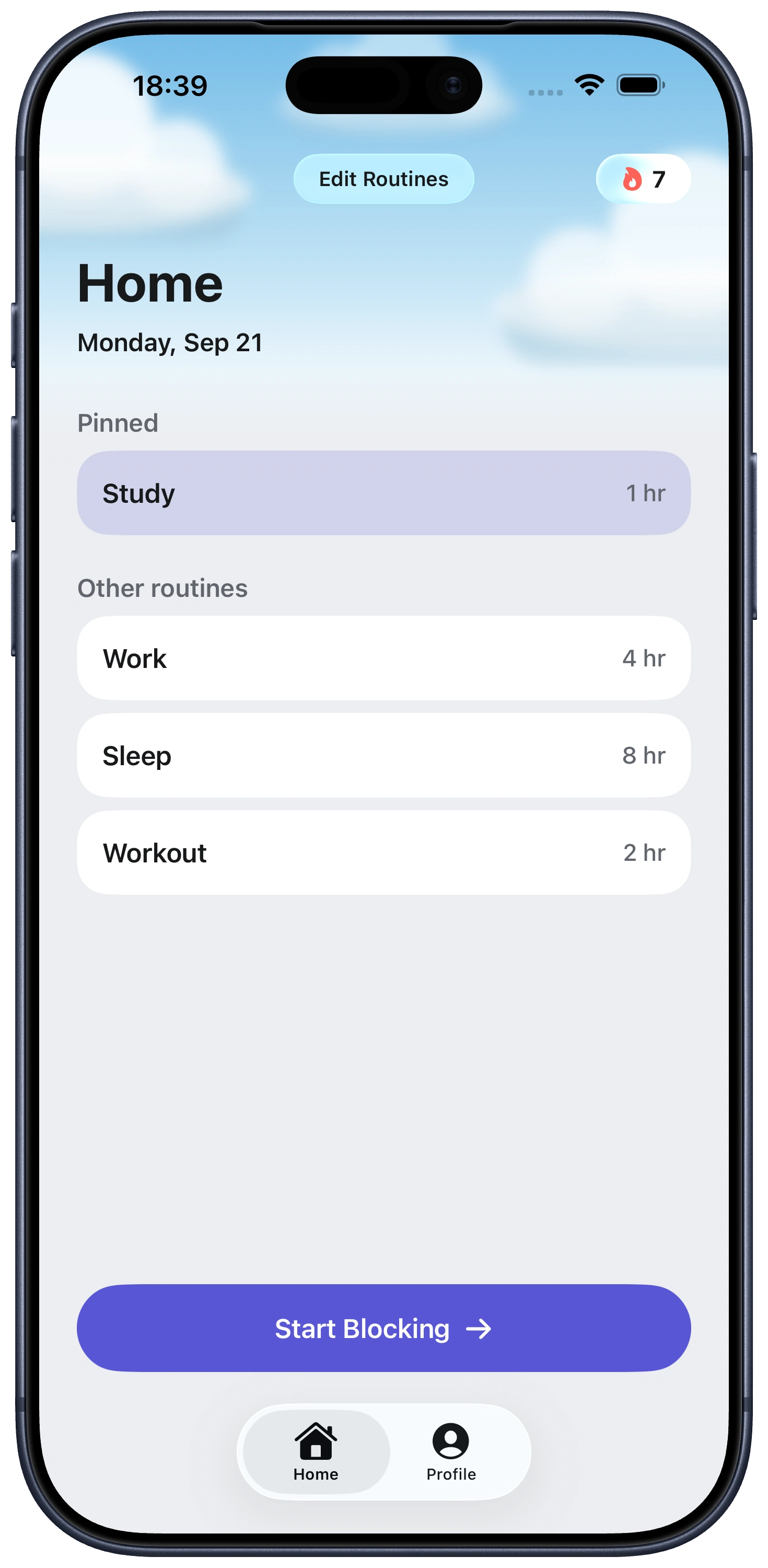 Fella Home screen showing focus routines and session lengths